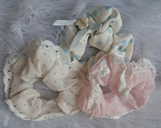 Pastel Polka & Lace Scrunchies Combo
